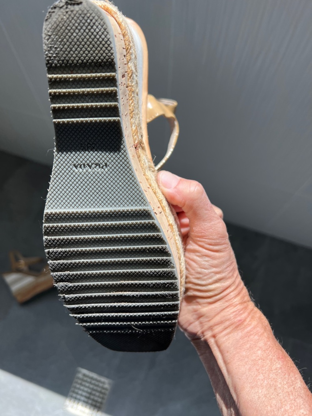 Prada Nude Patent Leather Espadrille Wedge Sandals - Picture 6 of 7